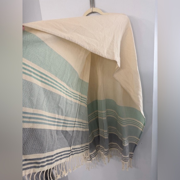 Tribe Alive 100% Cotton Cream & Blue Baja Stripe Swim Beach Fringed Cover Up OS - Picture 7 of 8